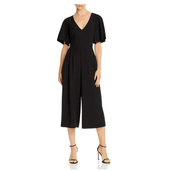 Eliza J V Neck Short Sleeve Cropped Wide Leg Jumpsuit Womens 14 Black Tie Belt - Picture 1 of 13
